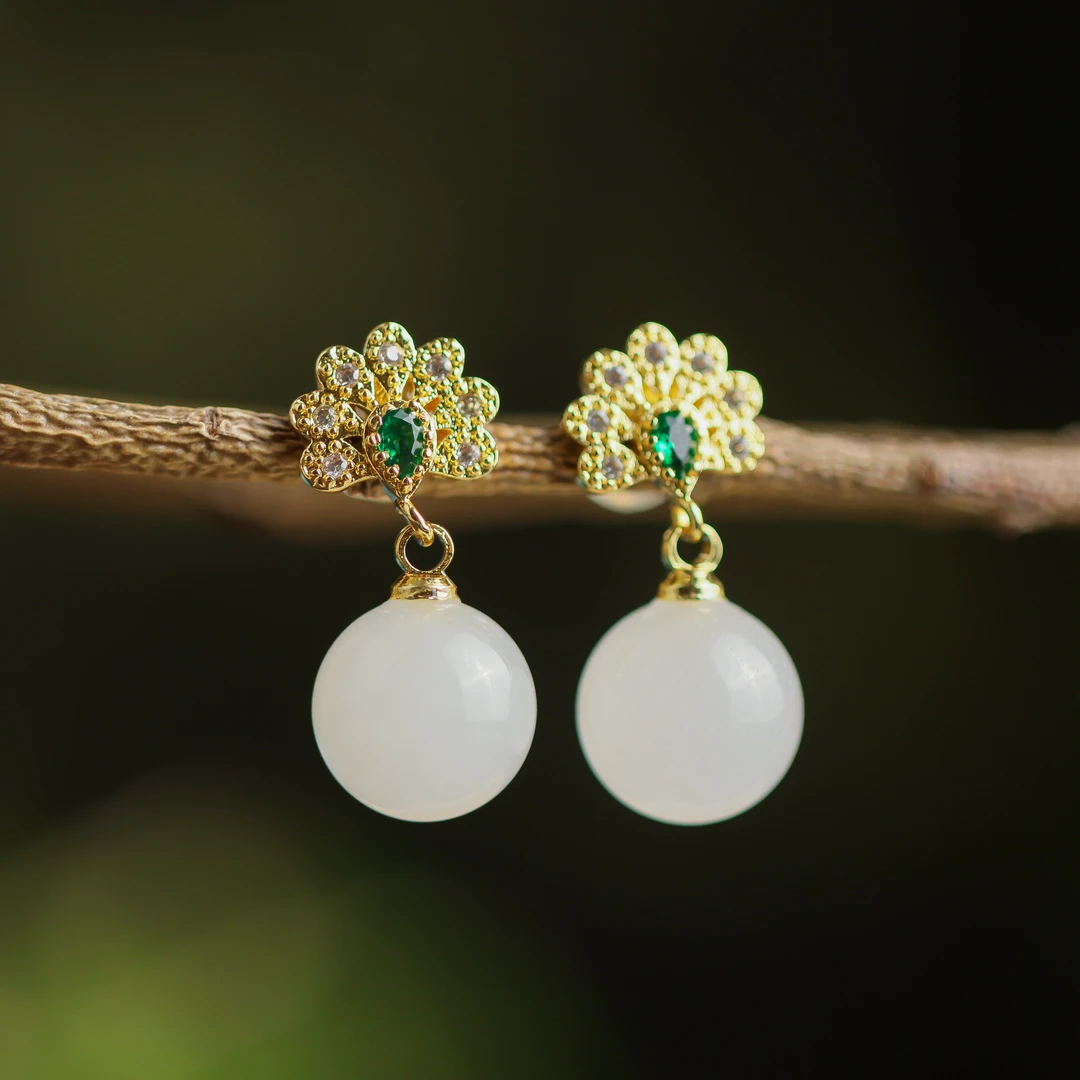 和田玉圆珠手工DIY设计创意精准女款耳钉耳饰