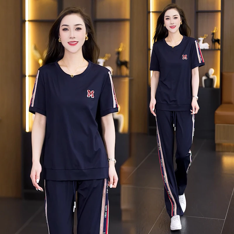 NSY 休闲运动套装2025夏季新款时尚减龄显瘦圆领短袖直筒裤两件套