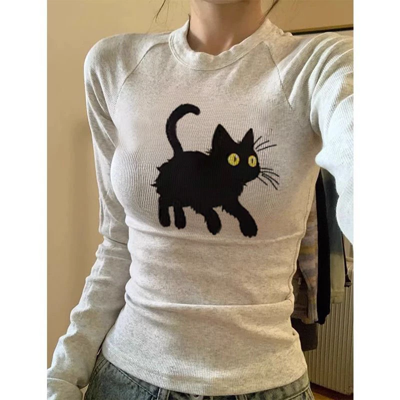 甜酷辣妹复古可爱猫咪印花插肩长袖T恤女春秋季修身显瘦打底上衣