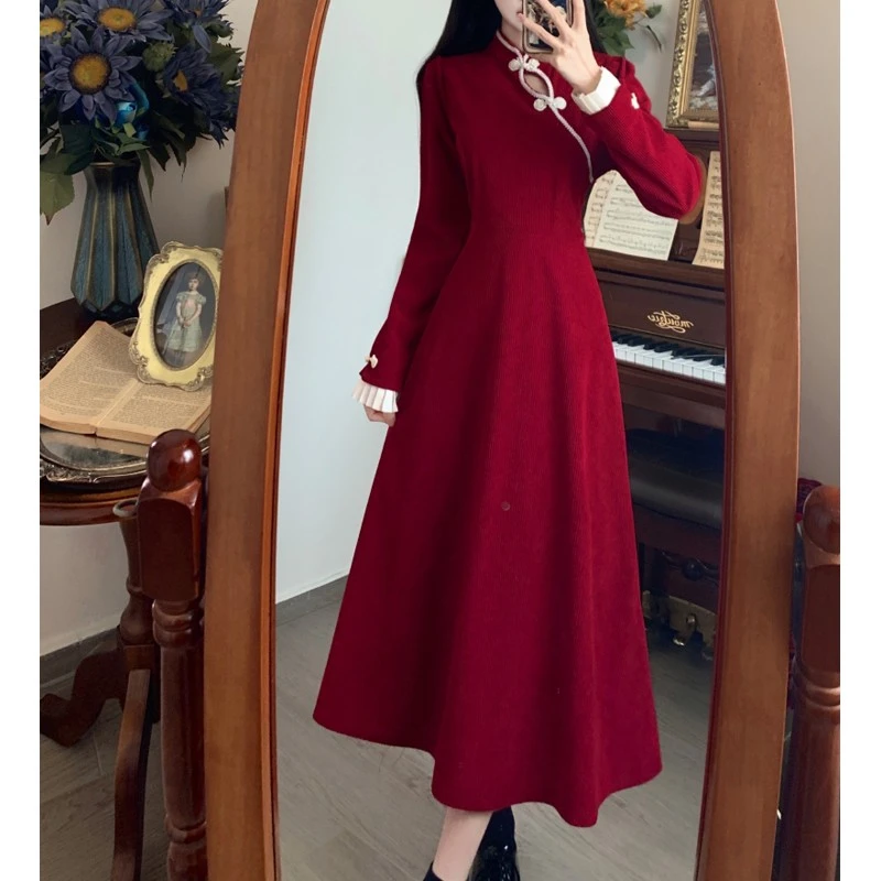 大码春秋季新中式国风旗袍高级感高端精致订婚礼服内搭红色连衣裙