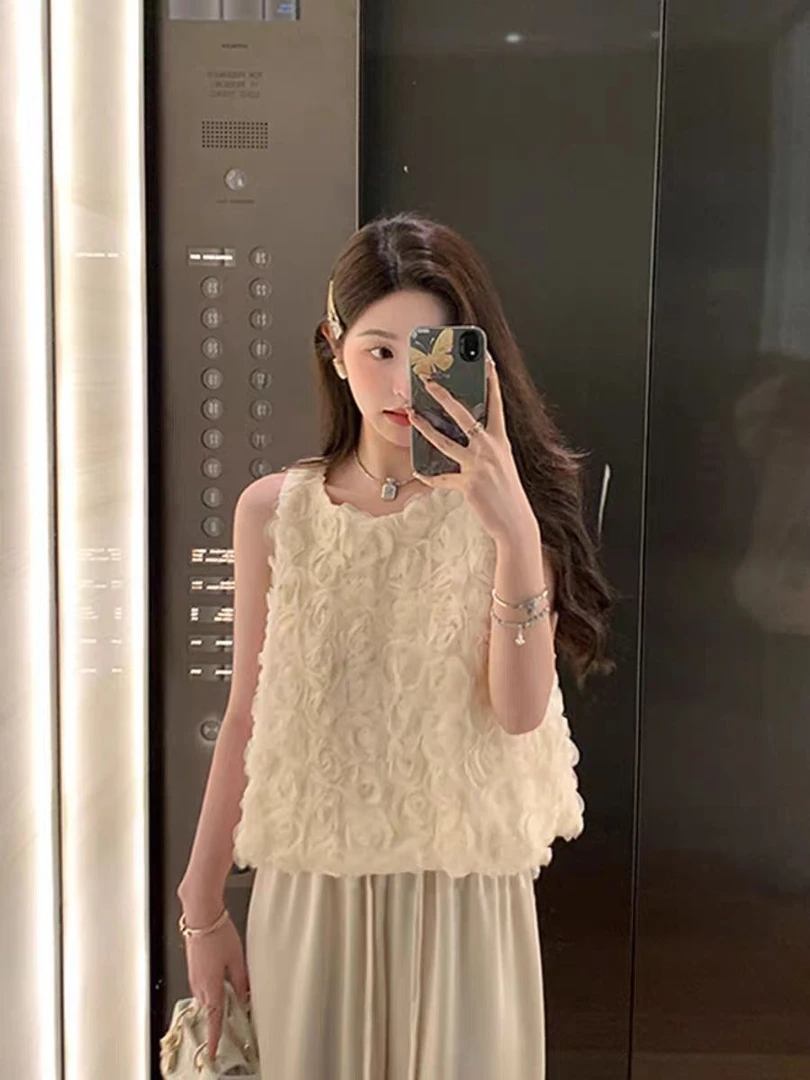 法式气质立体玫瑰花无袖背心2025夏季新款设计感千金名媛风上衣女