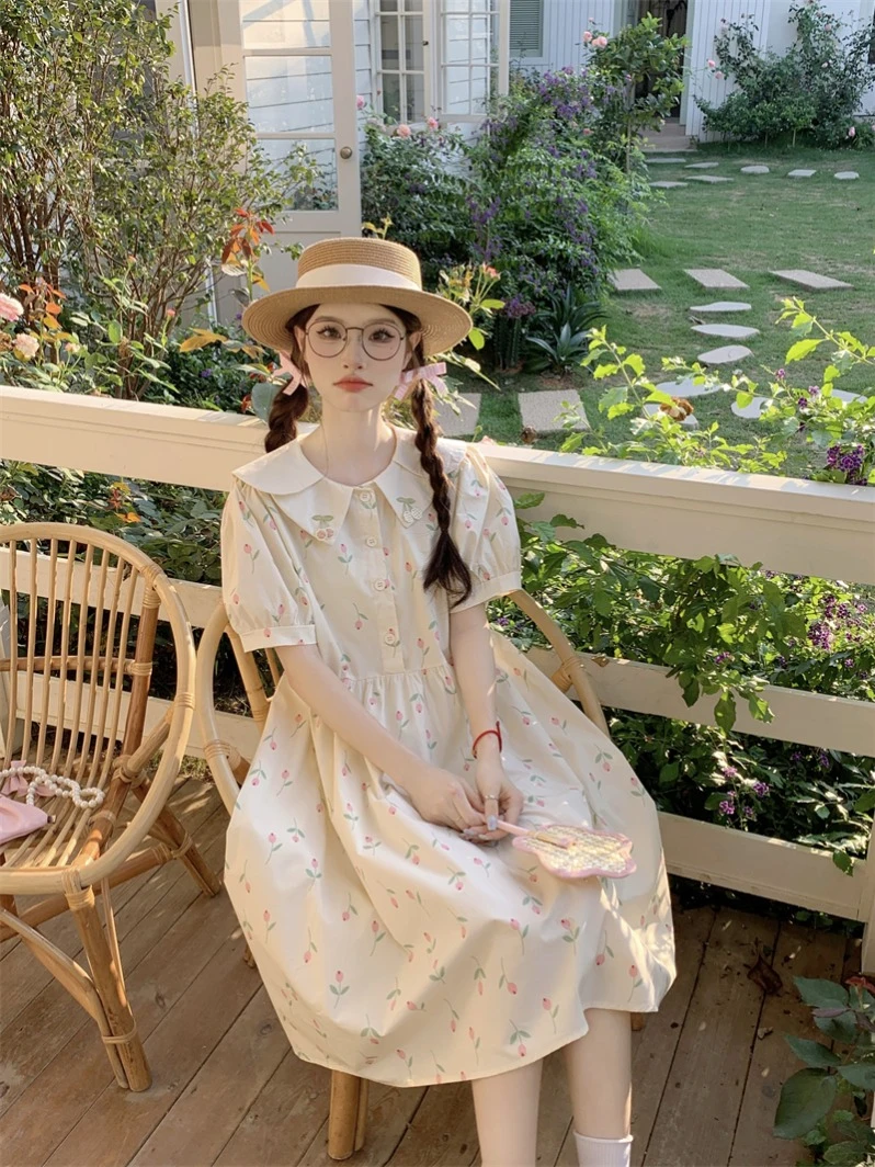 高中初中学生小清新短袖连衣裙女大童娃娃领甜美仙气碎花公主裙