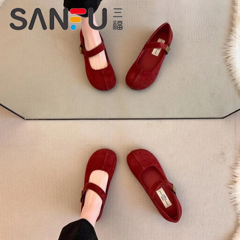 三福法式玛丽珍单鞋女2025年夏季新款复古一字带扣绒面通勤小红鞋