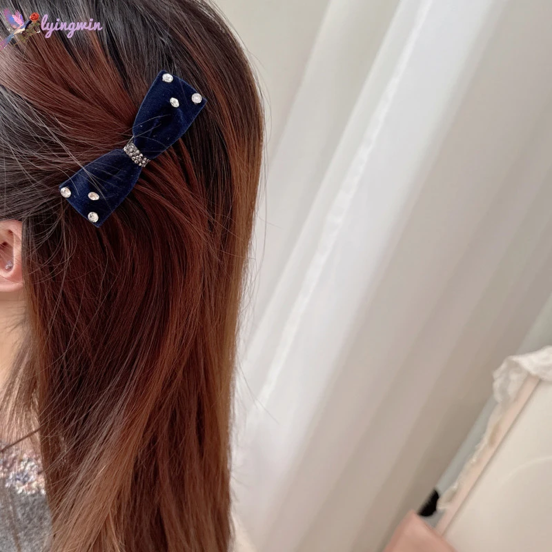 气质优雅丝绒蝴蝶结水钻刘海梳发插梳碎发夹高级感轻奢侧边夹发饰
