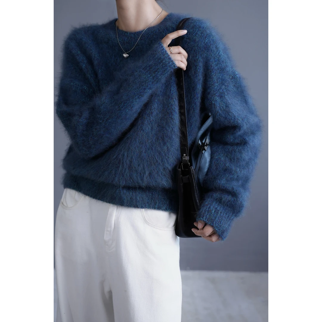 米丽【蓝眼泪】圆领羊绒拉绒花纱毛衣千金秋冬加厚百搭韩版宽松毛衣