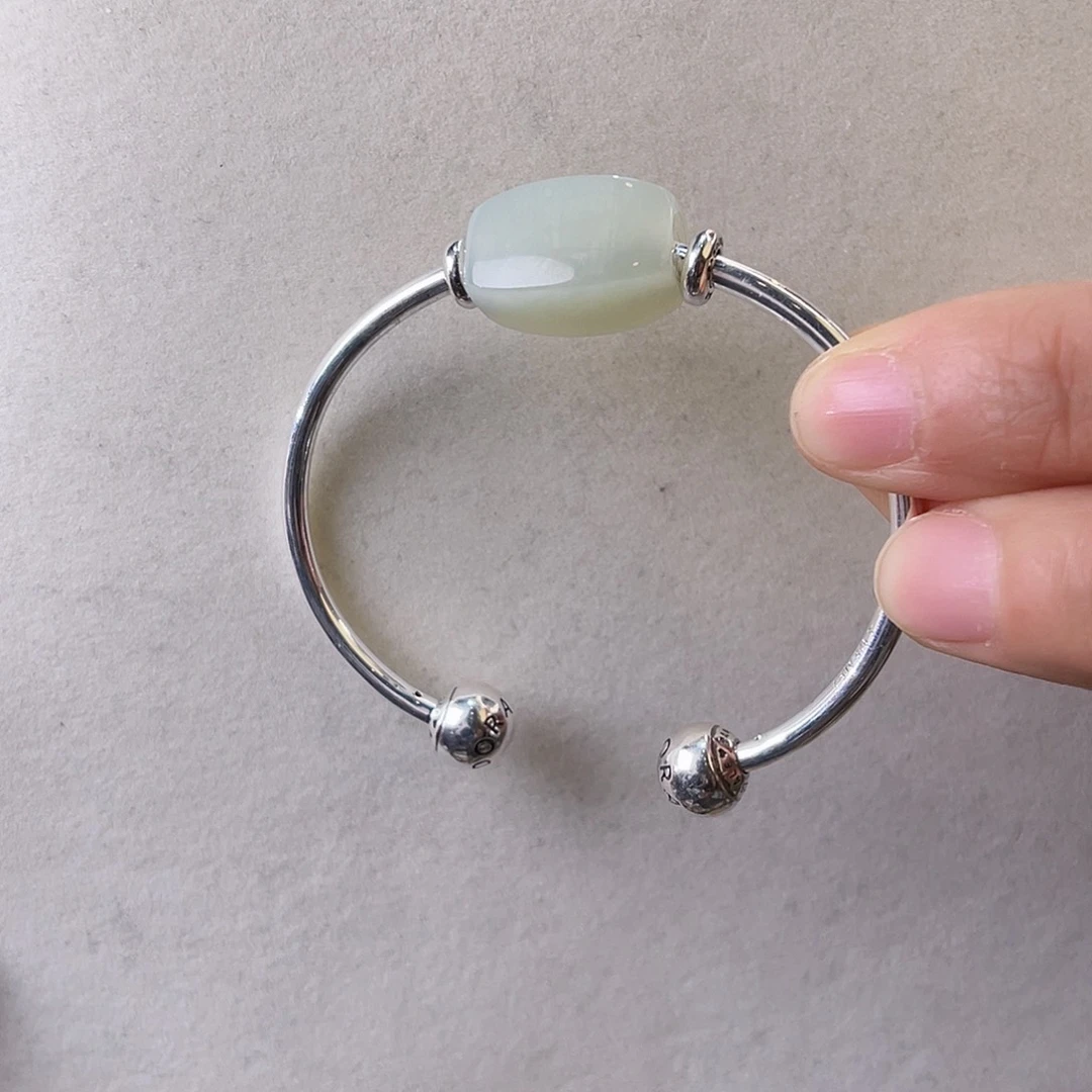 和田玉银S925镶嵌手镯（开口镯）