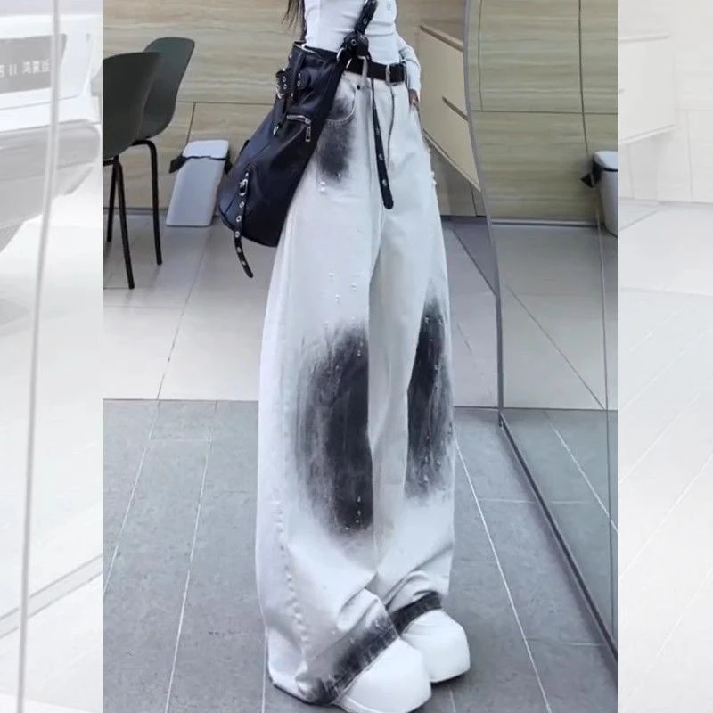 高街个性晕染牛仔休闲裤女春季新款时尚宽松白色扎染直筒长裤女潮