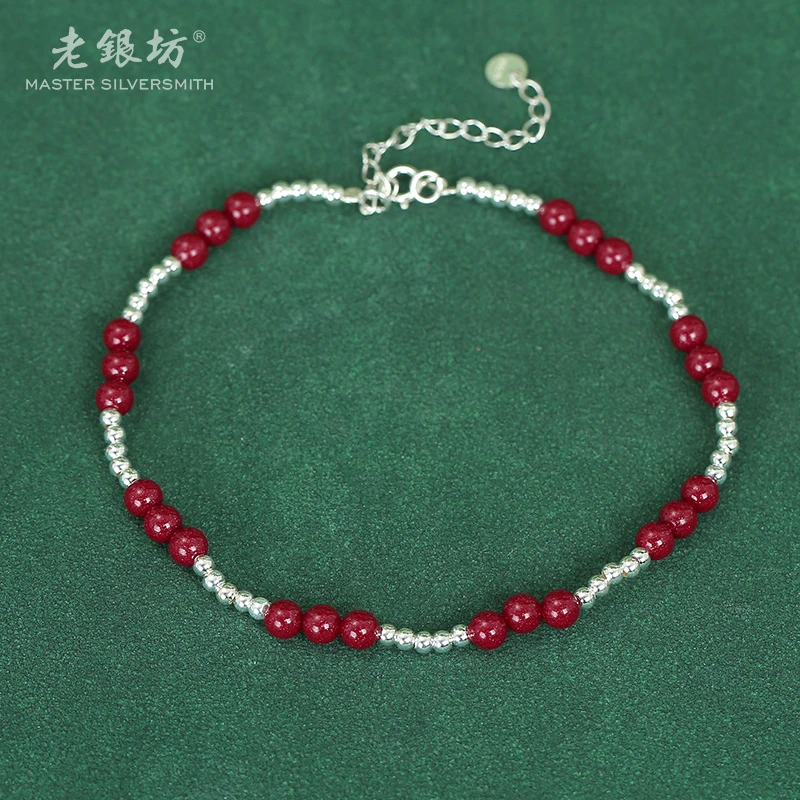 老银坊 含辰砂工艺品s925银朱砂间珠脚链 0051074