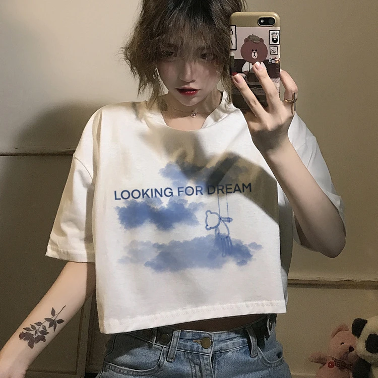 上衣夏季女T恤修身女装露脐韩版学生2021可爱潮白色短款短袖