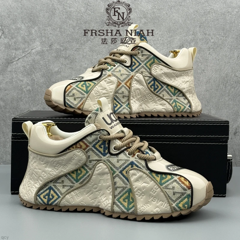 法莎尼亚春季新款潮流设计感时尚拼色刺绣厚底增高百搭男士休闲鞋