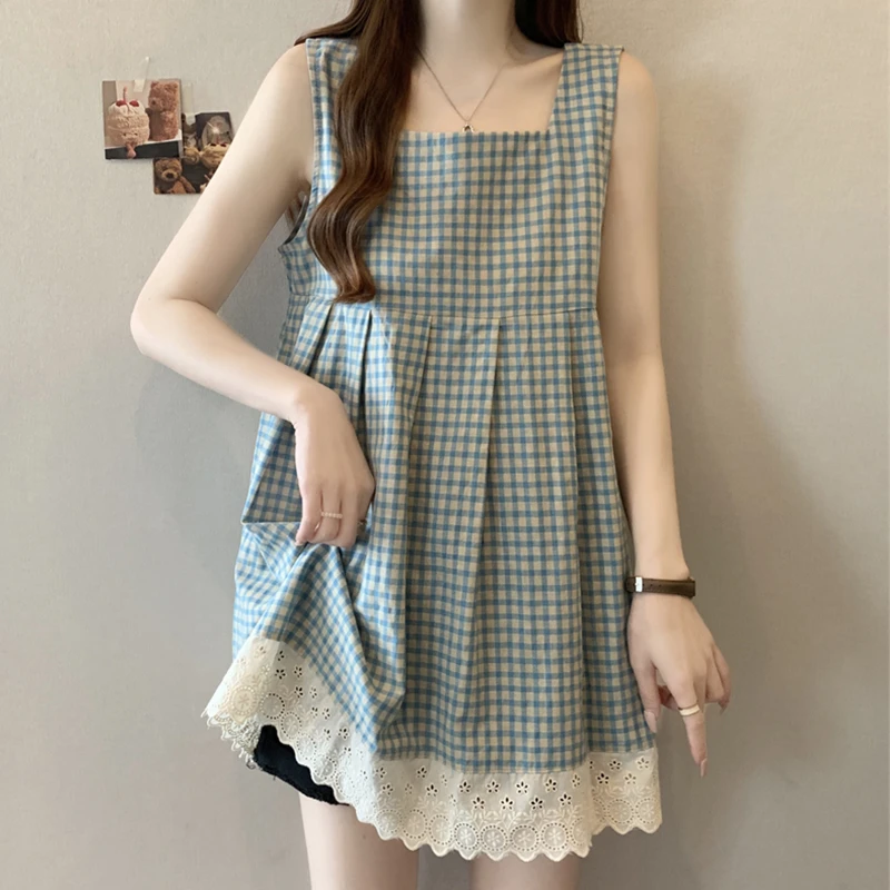 大码复古格子荷叶边无袖吊带背心女夏季胖妹妹遮肚子宽松方领上衣