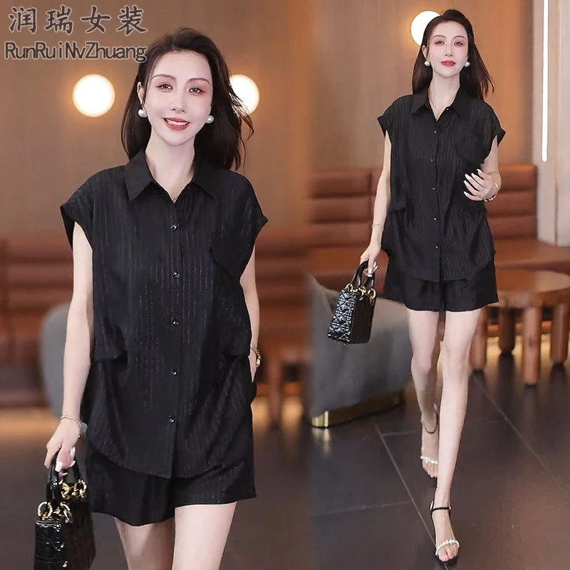 原宿风时尚套装女2025夏季新款慵懒风宽松显瘦上衣高腰短裤两件套