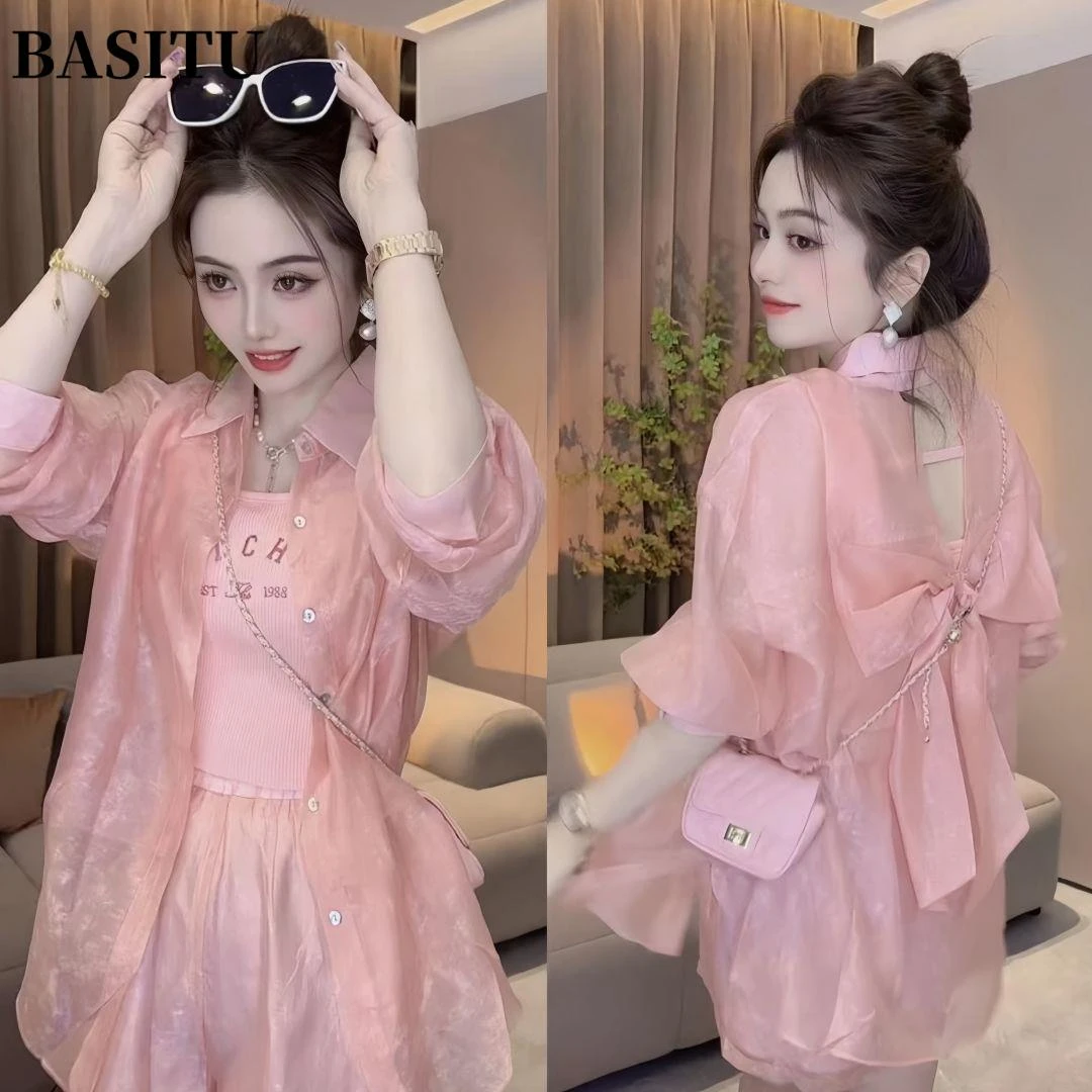 夏装搭配一整套百搭防晒时尚套装女镂空蝴蝶结休闲衬衣短裤两件套