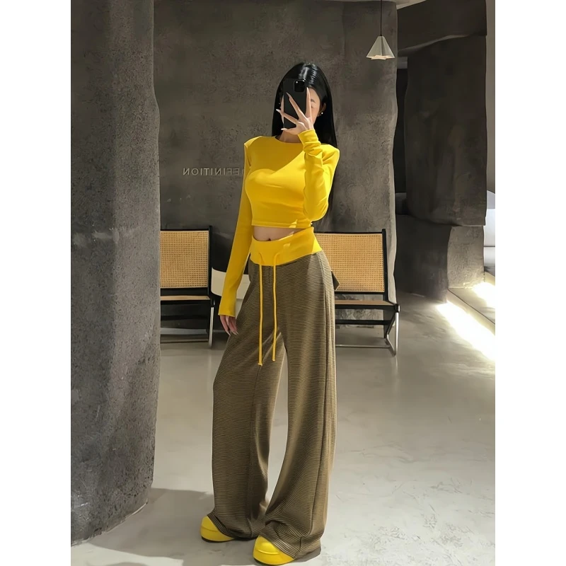 INS CEC春夏美式辣妹风气质设计感短款T恤撞色条纹休闲裤两件套女