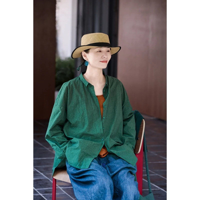 秋季新款文艺复古原创女装三季款休闲纯棉开衫森青色宽松简约衬衫