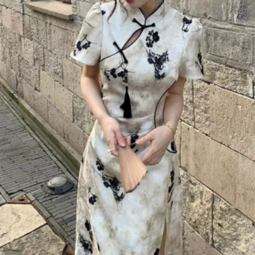 大码女装新中式捏褶收腰显瘦夏季旗袍裙气质优雅