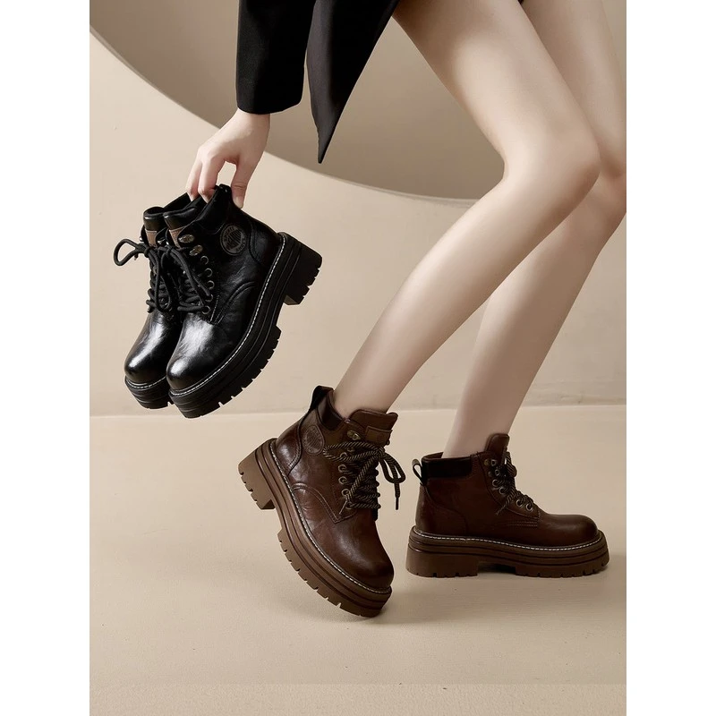 复古美拉德马丁靴女2025秋季新款英伦真皮厚底小个子内增高大黄靴