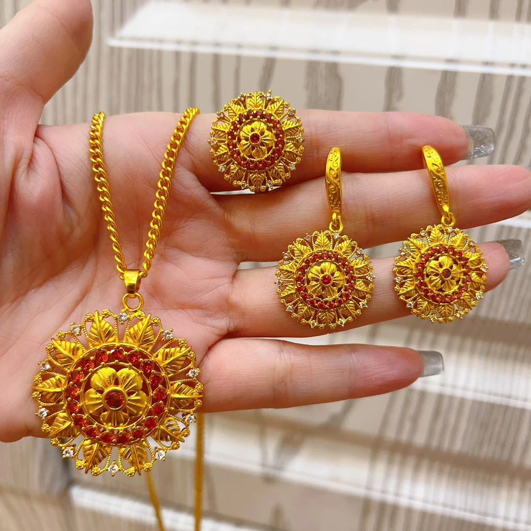 铜合金耳饰 新款时尚休闲百搭太阳花红石头套装