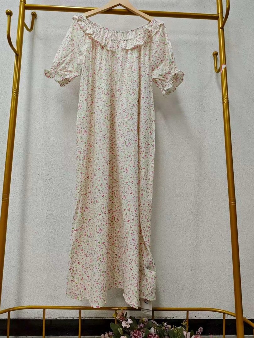 C9-14-901款 100棉白色七分袖甜美中长碎花连衣裙
