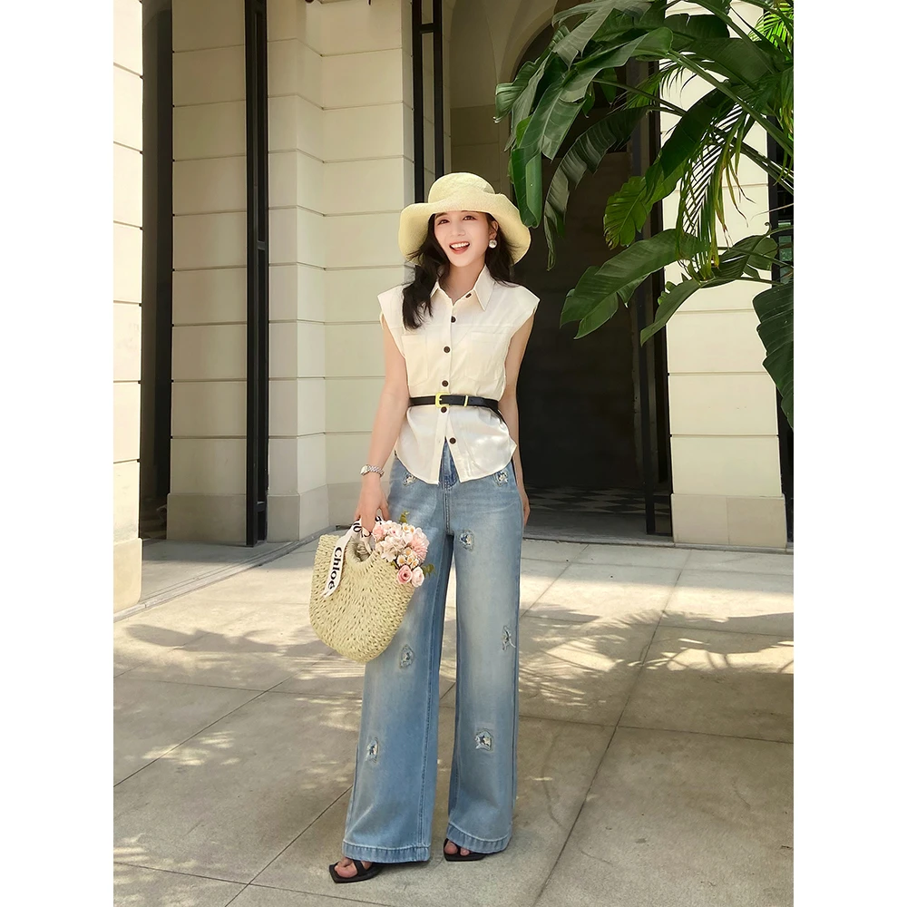 夏天薄款女裤子牛仔阔腿裤宽松小个子简约长裤牛仔裤女款爆款新款