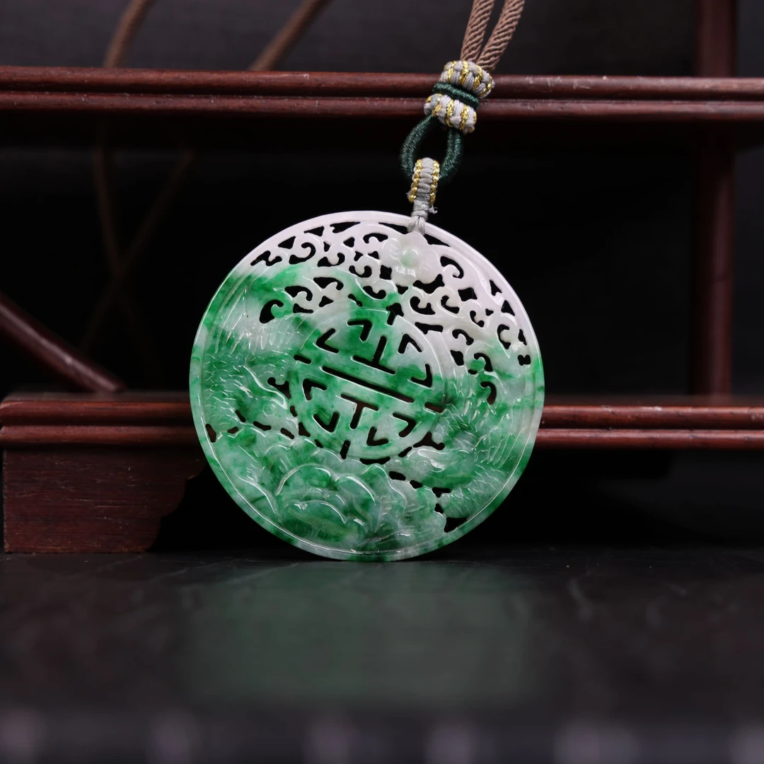 缅甸A货翡翠花青吊坠双面雕刻精雕妈妈女士编织古法国潮镶嵌幽灵