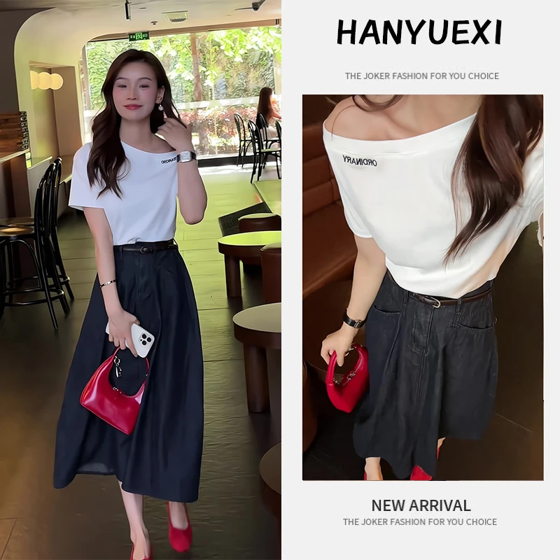 夏季一整套女装2025新款韩版时尚气质斜露肩短袖上衣半身裙两件套