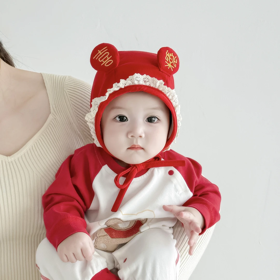 宝宝帽子春秋红色喜庆白天包头套头帽冬天保暖小月龄婴幼儿护耳帽