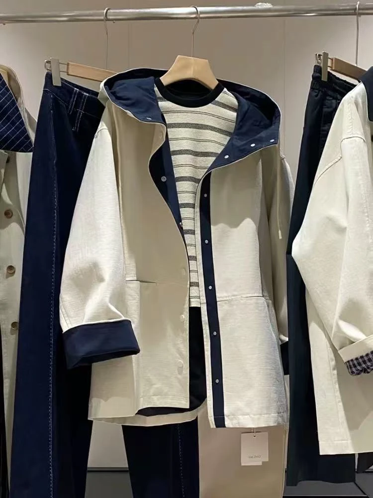 韩系撞色高级感风衣外套女春秋新款小个子连帽爆款日系英伦风休闲