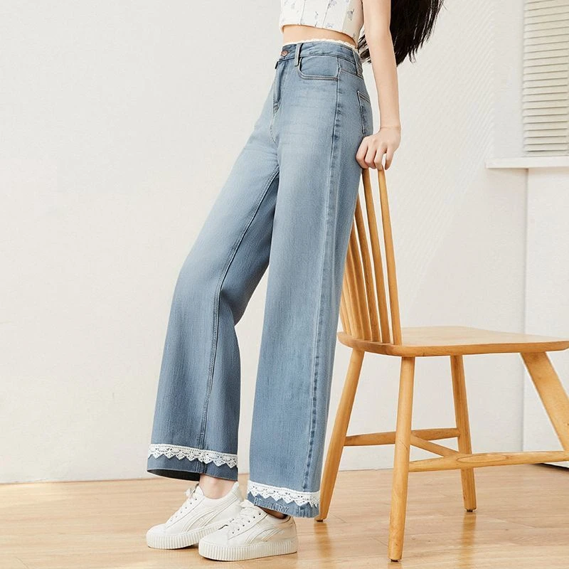 马克华菲【长腿魔法】女装舒适复古牛仔裤2025款花边百搭阔腿裤