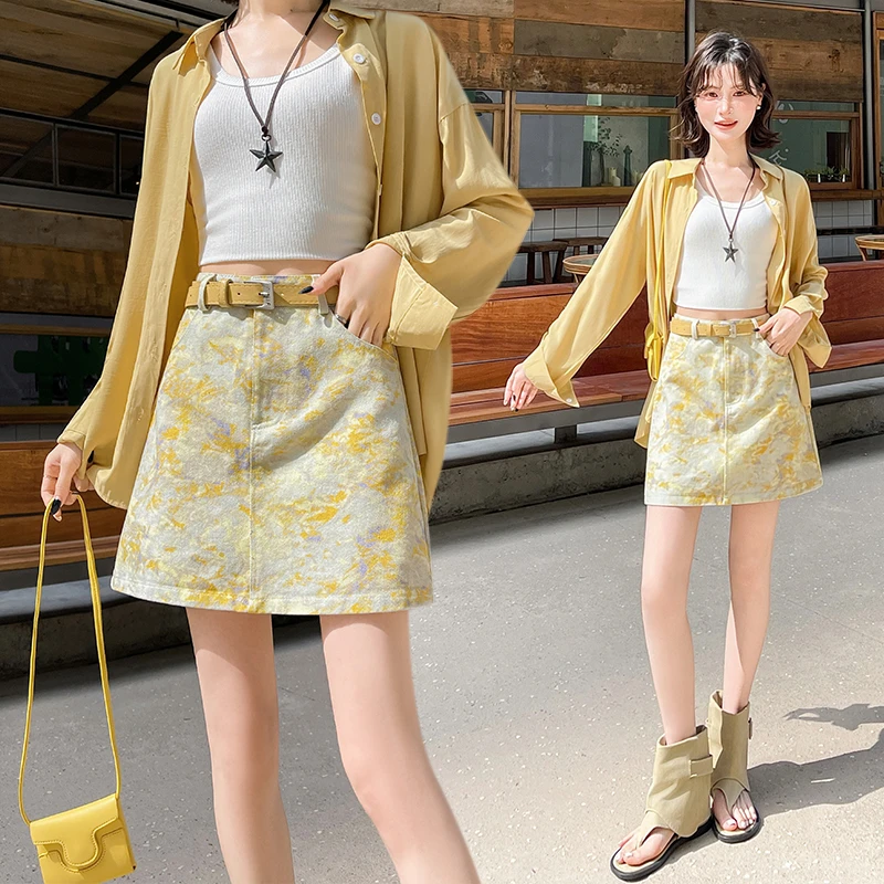 扎染牛仔半身裙女2025夏季新款辣妹高腰显瘦A字短裙百搭裙68319