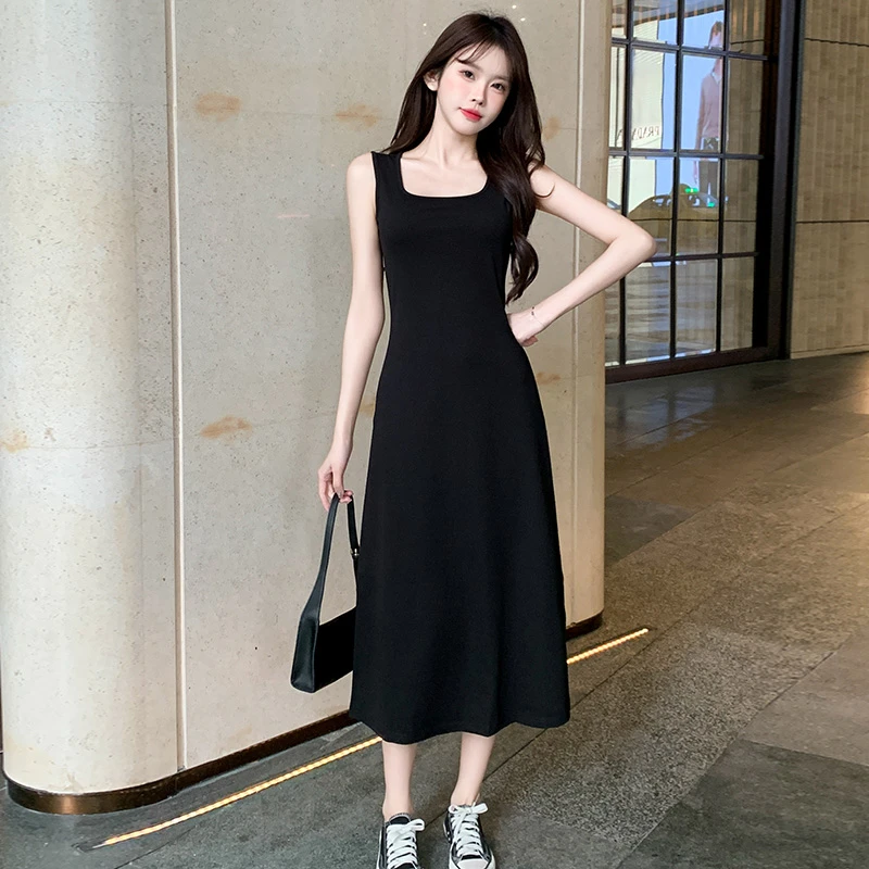黑色无袖背心连衣裙女春夏新款时尚遮肚显瘦长款内搭打底懒人裙