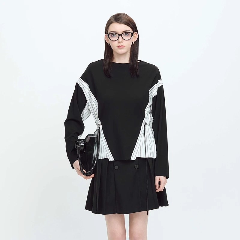 【莉莉专属】sdeer圣迪奥圆领撞色条纹收腰宽松长袖T恤S24180201