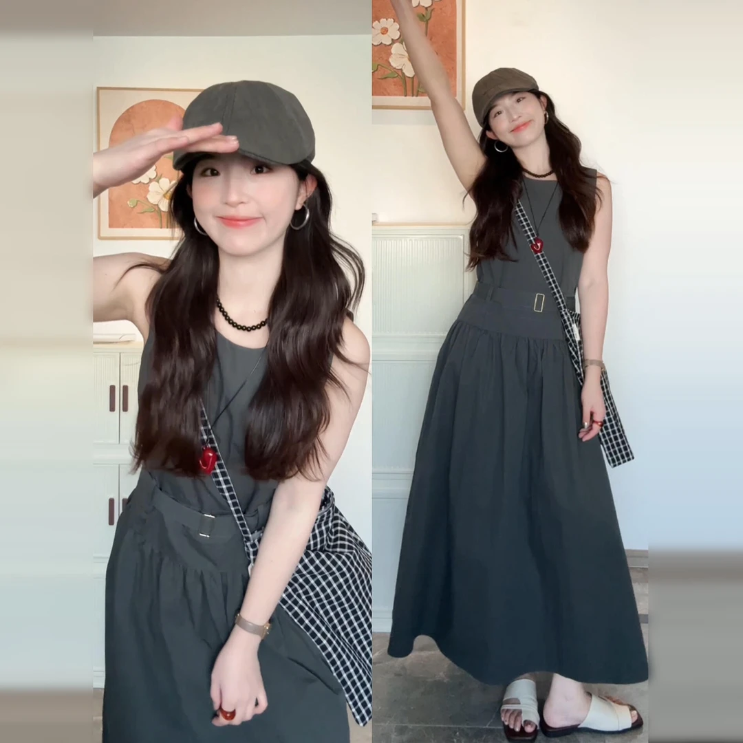 【清仓+运补5米】灰色无袖背心连衣裙子女夏2025气质工装长裙4081