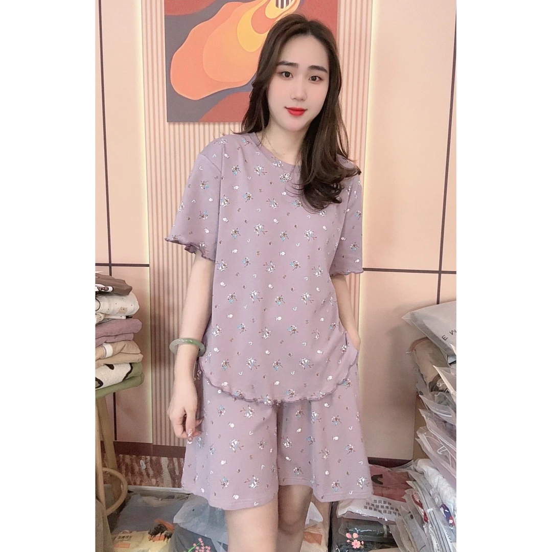 睡衣女夏季新款纯棉短袖短裤韩版时尚家居服套装（紫色碎花短裤）