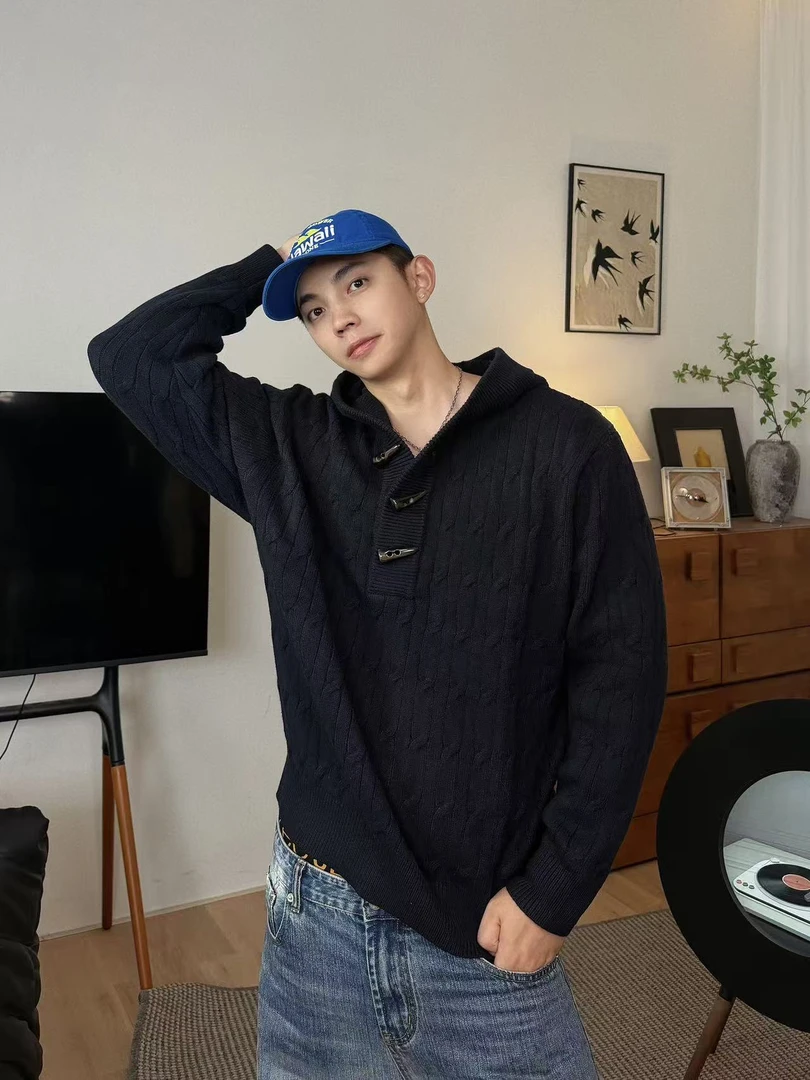 浩仔STUDIO套头连帽牛角麻花针织衫提花外套男上衣毛衣 127-268