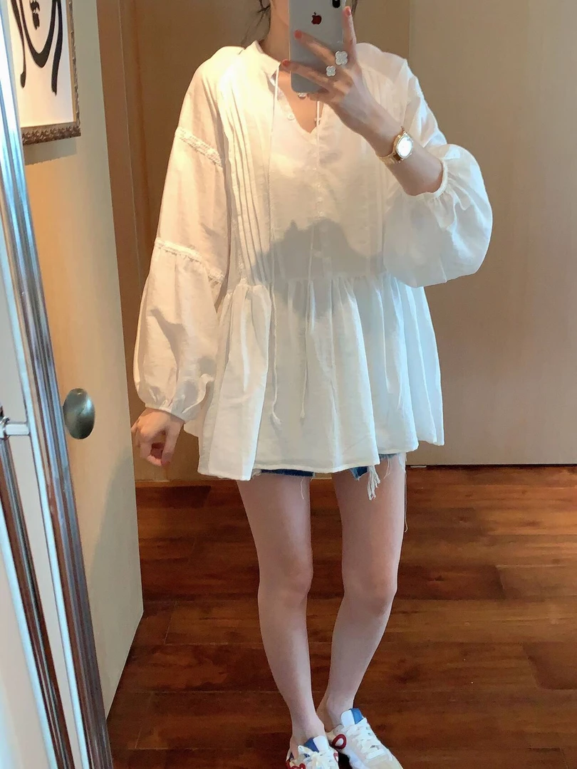 【张静芝】系带V领压褶灯笼袖连衣裙