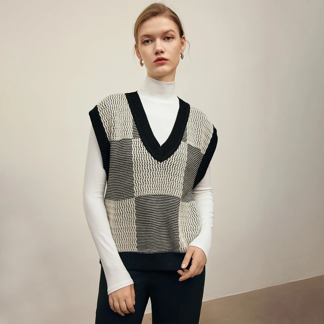 【辛小北】复古时尚绵羊毛针织衫女秋季经典V领叠穿毛织背心