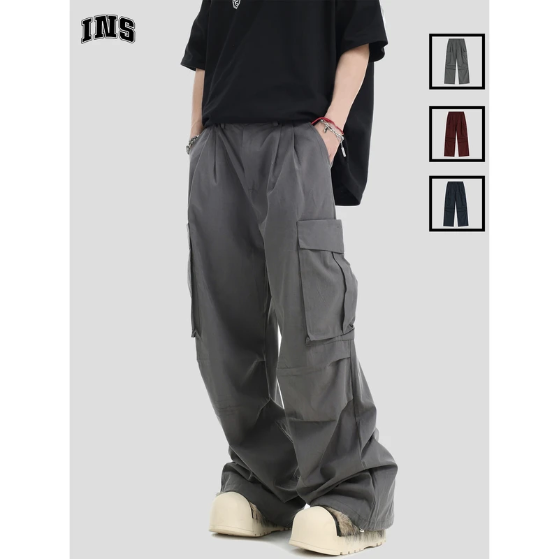 INSstudios国潮牌情侣美式复古褶皱大口袋工装西裤宽松休闲长裤