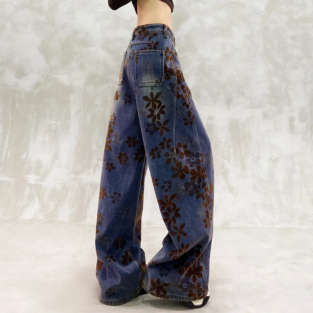 个性提花设计加绒休闲牛仔裤女冬新款高腰宽松显瘦百搭直筒阔腿裤