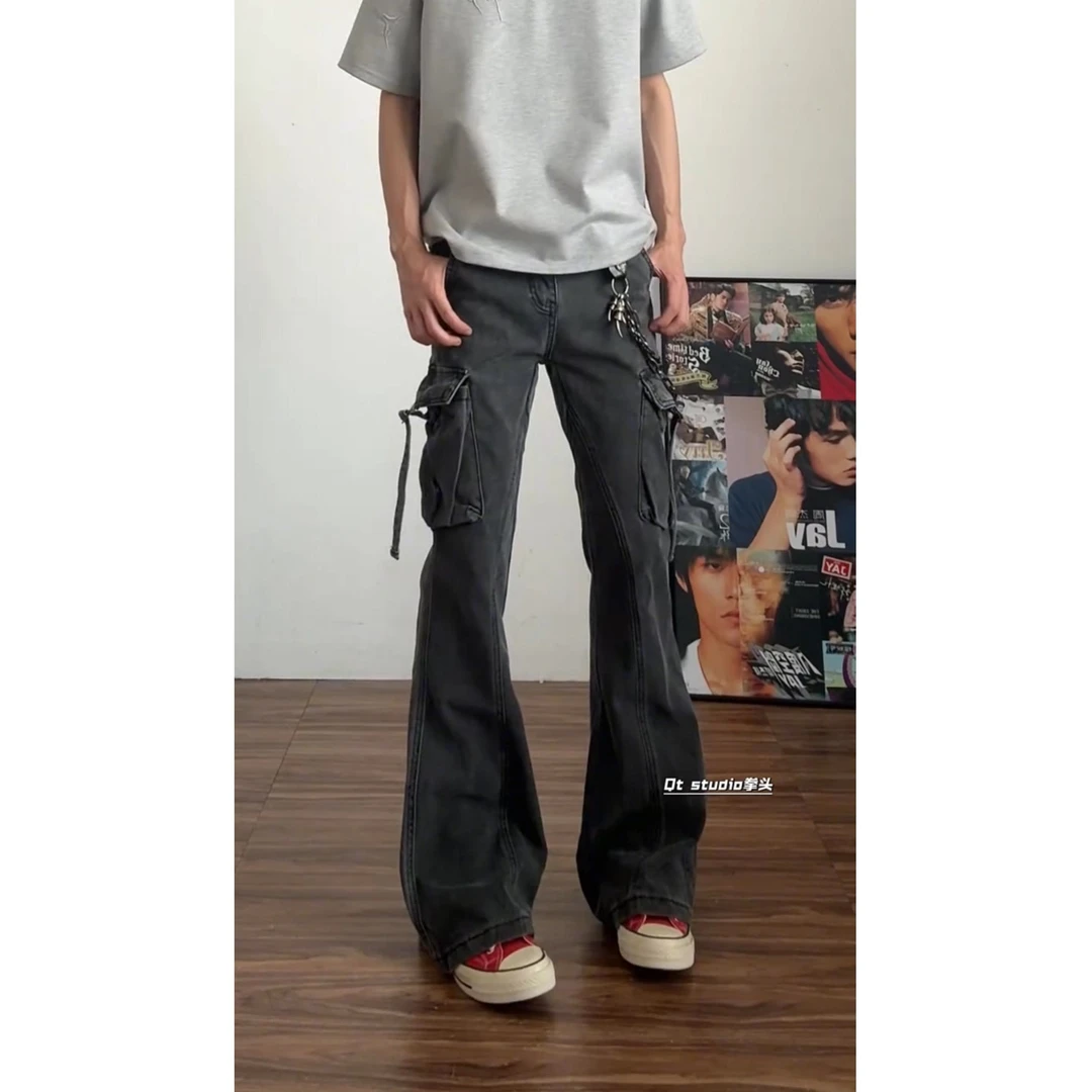 美式vibe牛仔工装裤高街直筒微喇长裤水洗复古裤子男款牛仔裤5771