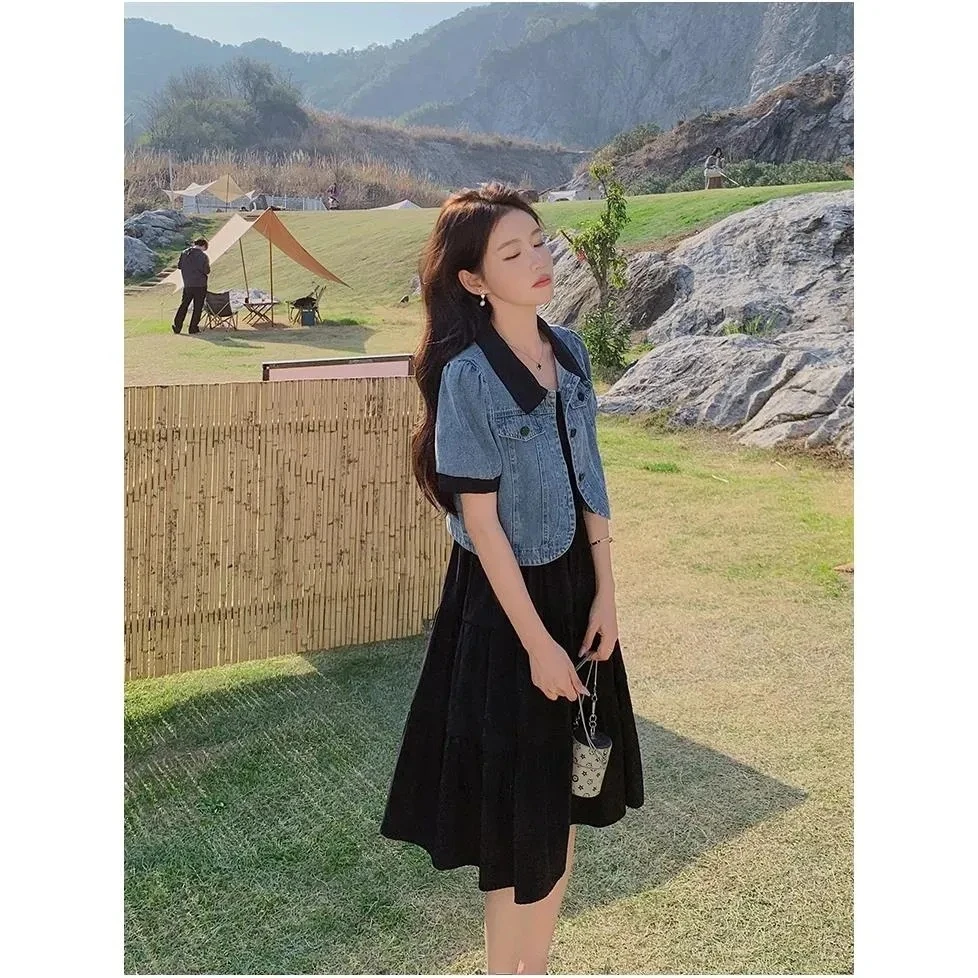 黑色吊带裙配显瘦外套女夏季2024新款小香风牛仔法式小个子两件套