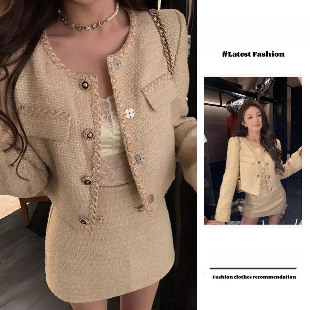 小香风套装裙两件套2025秋冬韩国新款韩版气质短款外套高腰半身裙