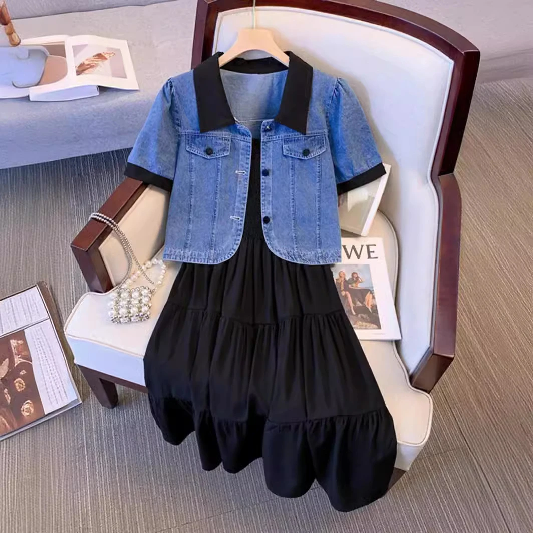 大码2025春装新款胖mm显瘦设计感减龄牛仔上衣法式吊带裙两件套女