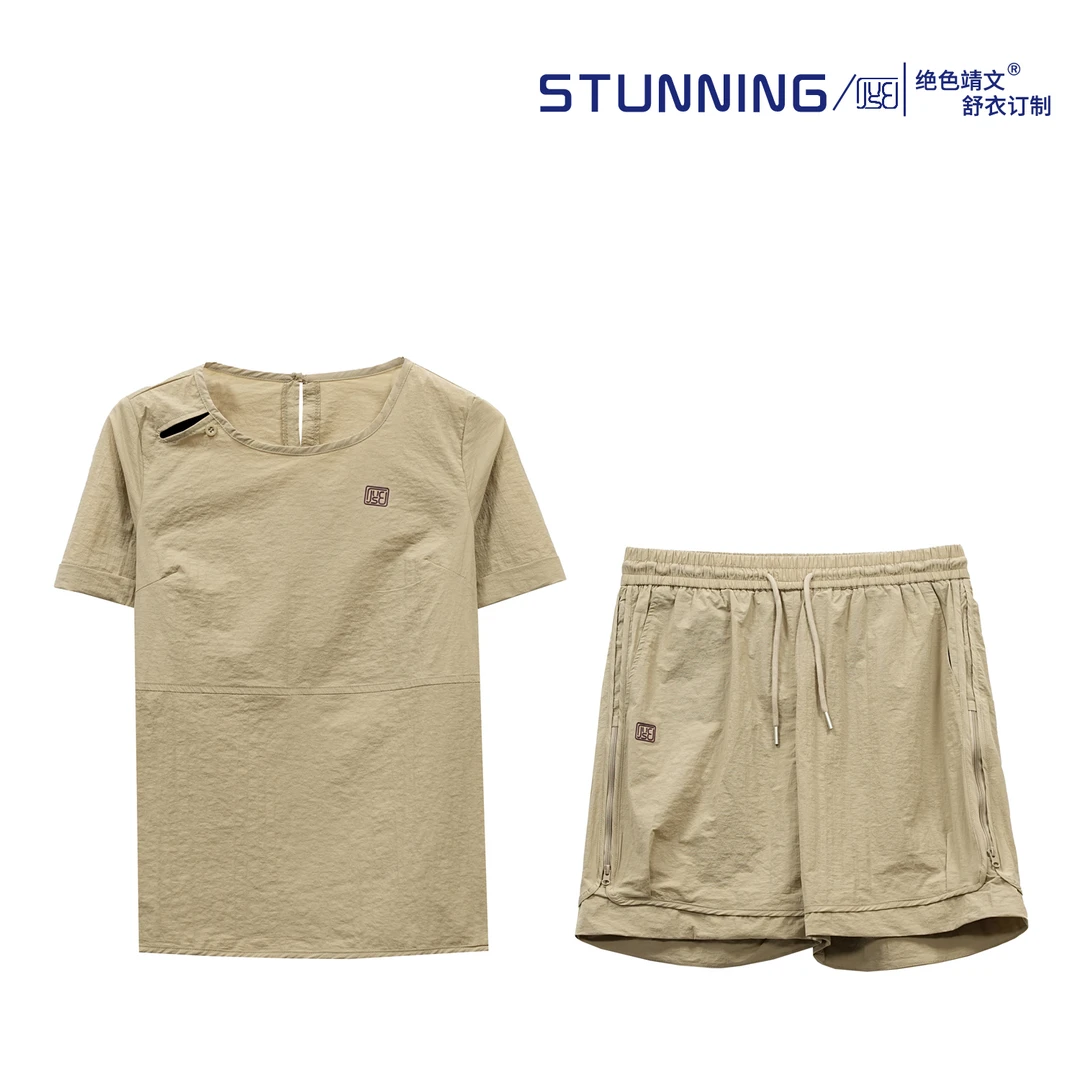 绝色靖文 25018/19肩扣肌理显瘦轻薄速干短裤套装（福利不退换）