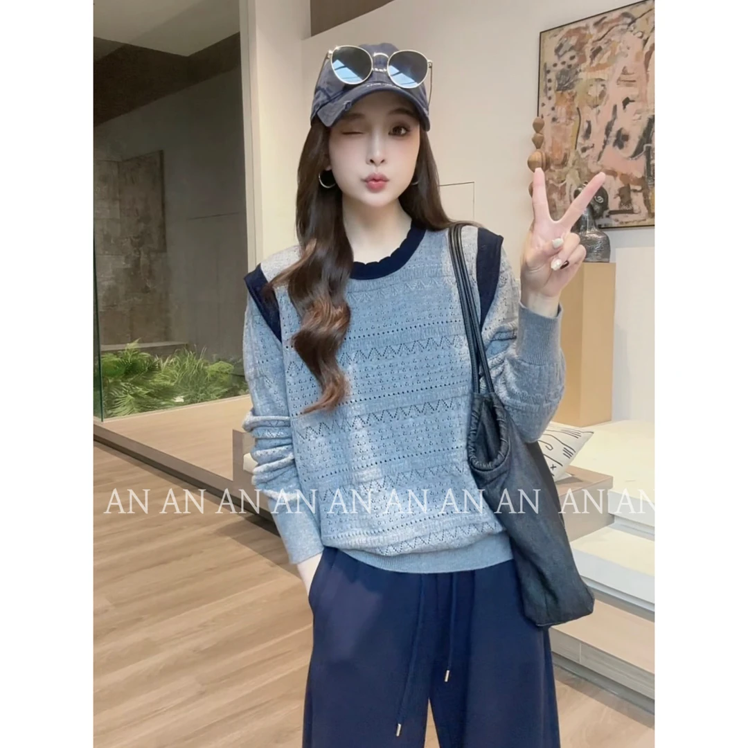 C08343洋气减龄慵懒风宽松休闲套头镂空撞色假两件针织衫毛衣