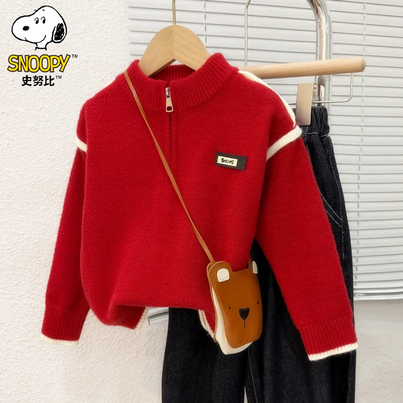 Snoopy/史努比红色儿童毛衣男女童秋冬针织衫宝宝百搭毛线衣洋气
