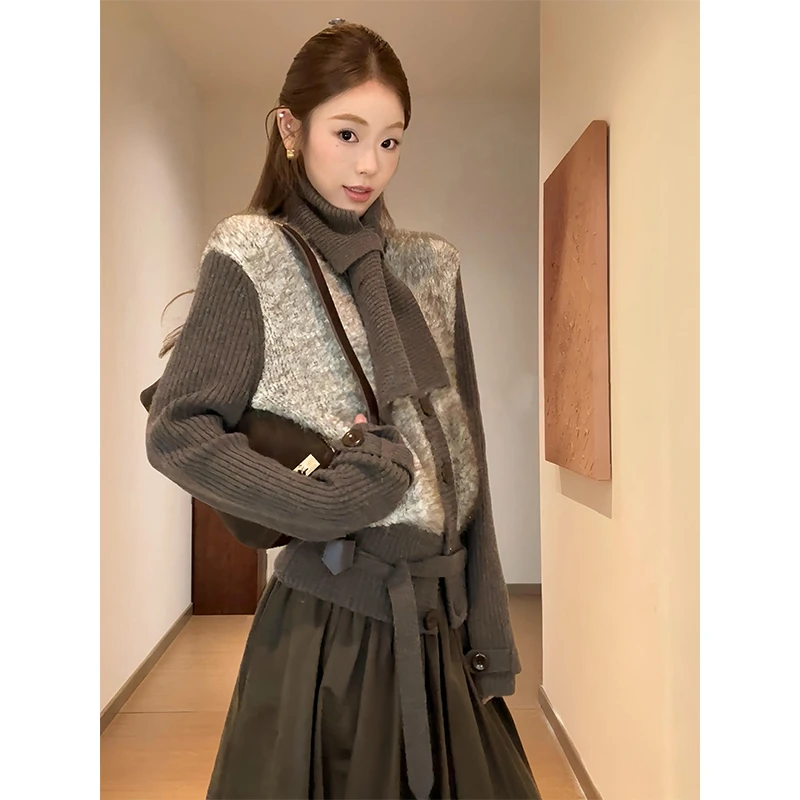 parkyeon秋冬新款撞色绒毛针织衫外套上衣高腰显瘦A字半身裙套装