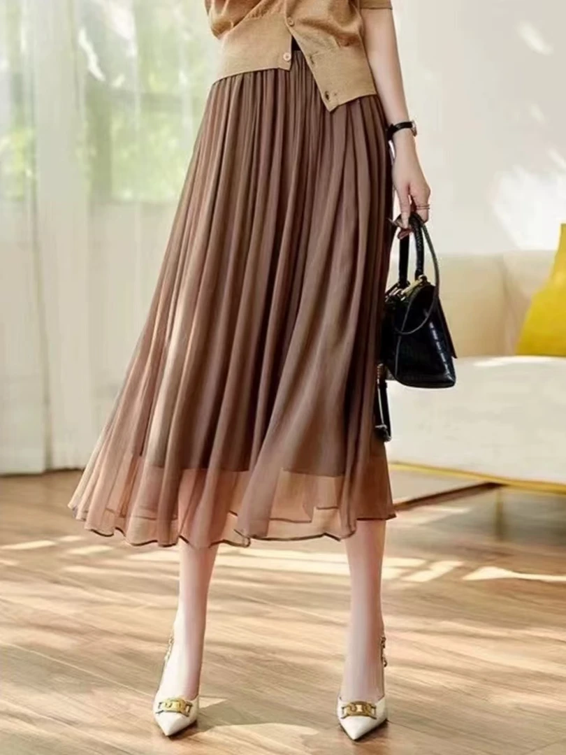 新款2025珠光半身裙女高腰显瘦薄款垂感鎏金纱百褶大摆中长裙