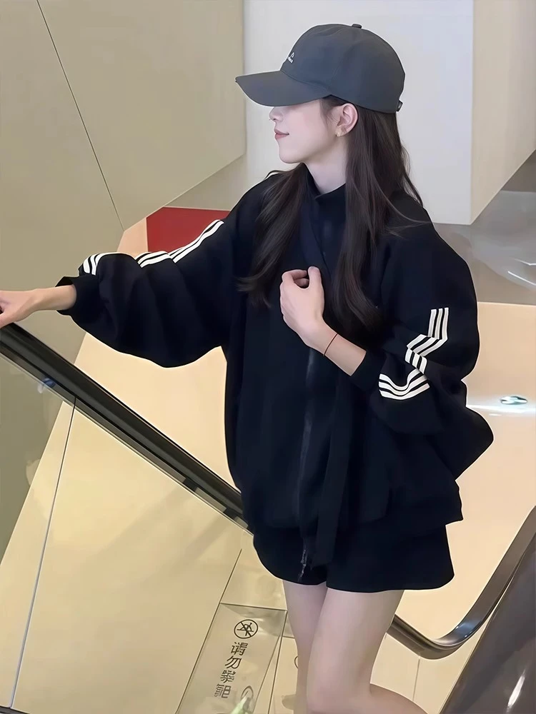 春季立领条纹休闲卫衣外套女宽松慵懒风拉链简约三条杠时尚上衣