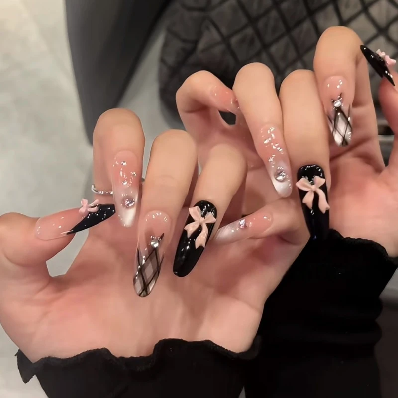 【公主菱格】公主格纹甜酷风黑法粉蝴蝶结渐变猫眼手工中长款穿戴甲